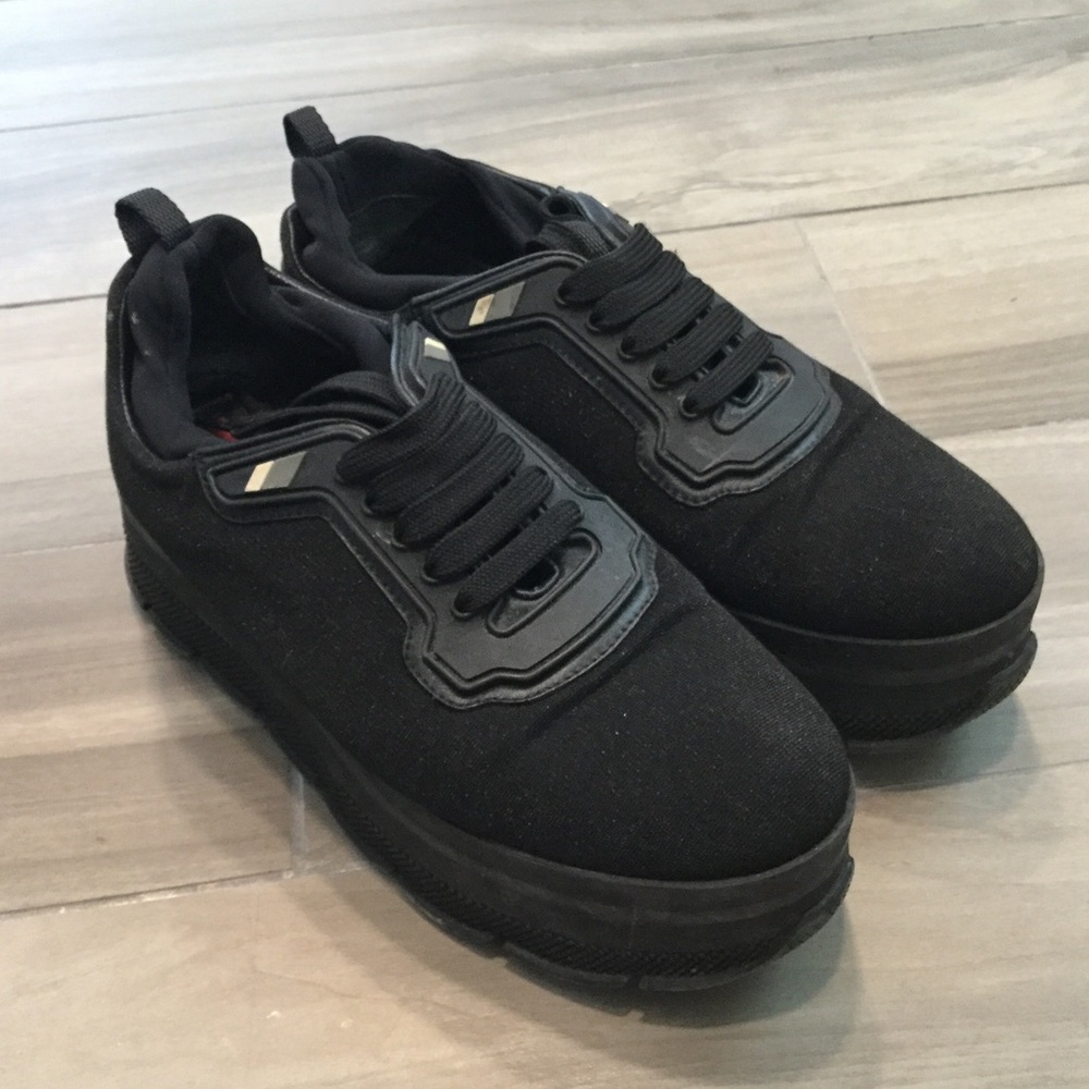 PRADA PLATFORM BLACK CANVAS SNEAKERS SHOES AMAZING